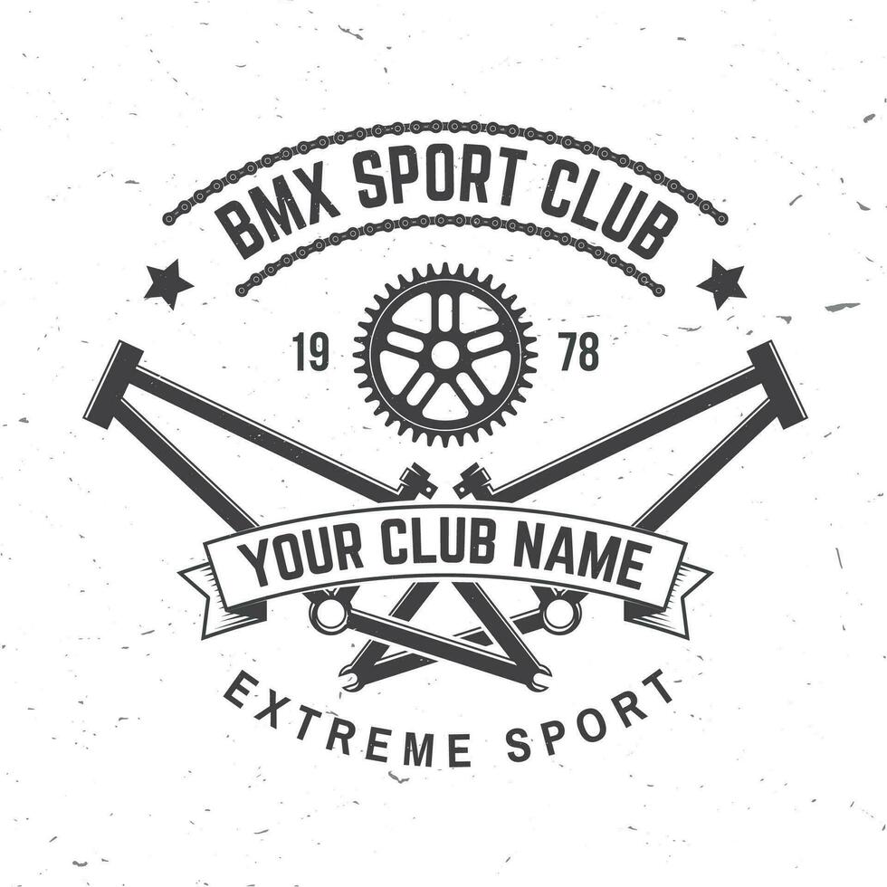 bmx extremo deporte club insignia. vector. concepto para camisa, logo, imprimir, estampilla, tee con marcos, cadena. Clásico tipografía diseño con bmx marcos, rueda de espigas silueta. vector