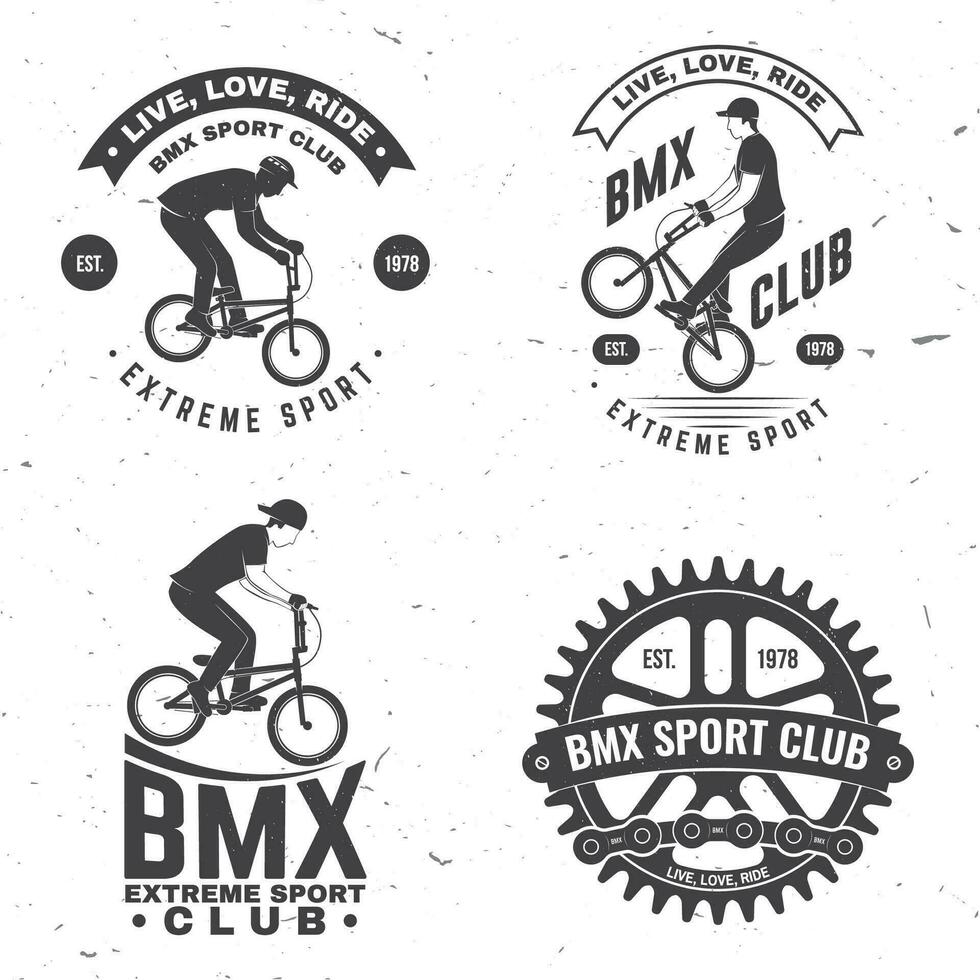 conjunto de bmx extremo deporte club insignia. vector. concepto para camisa, logo, imprimir, estampilla, tee con hombre paseo en un deporte bicicleta. Clásico tipografía diseño con bmx ciclista, bmx rueda de espigas y cadena silueta vector