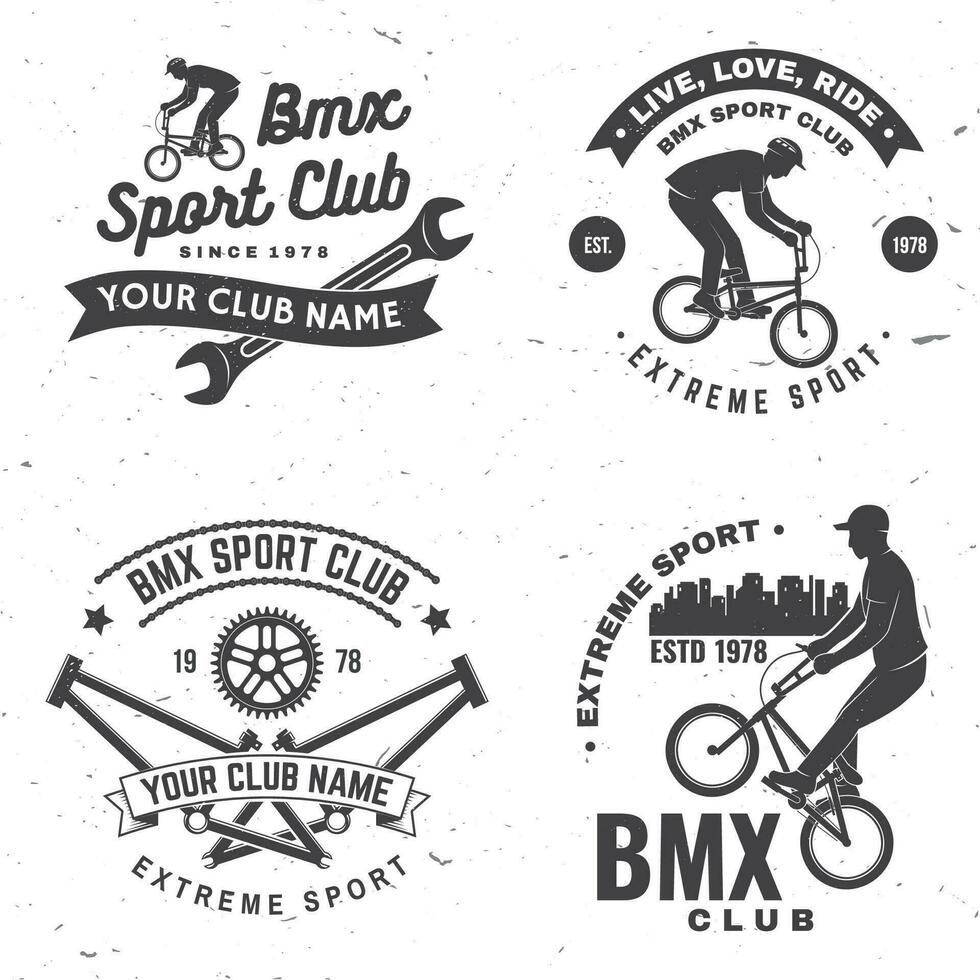 Set of bmx extreme sport club badge. Vector. Concept for shirt, logo, print, stamp, tee with man ride on a sport bicycle. Vintage typography design with bmx cyclist, bmx sprocket and chain silhouette vector
