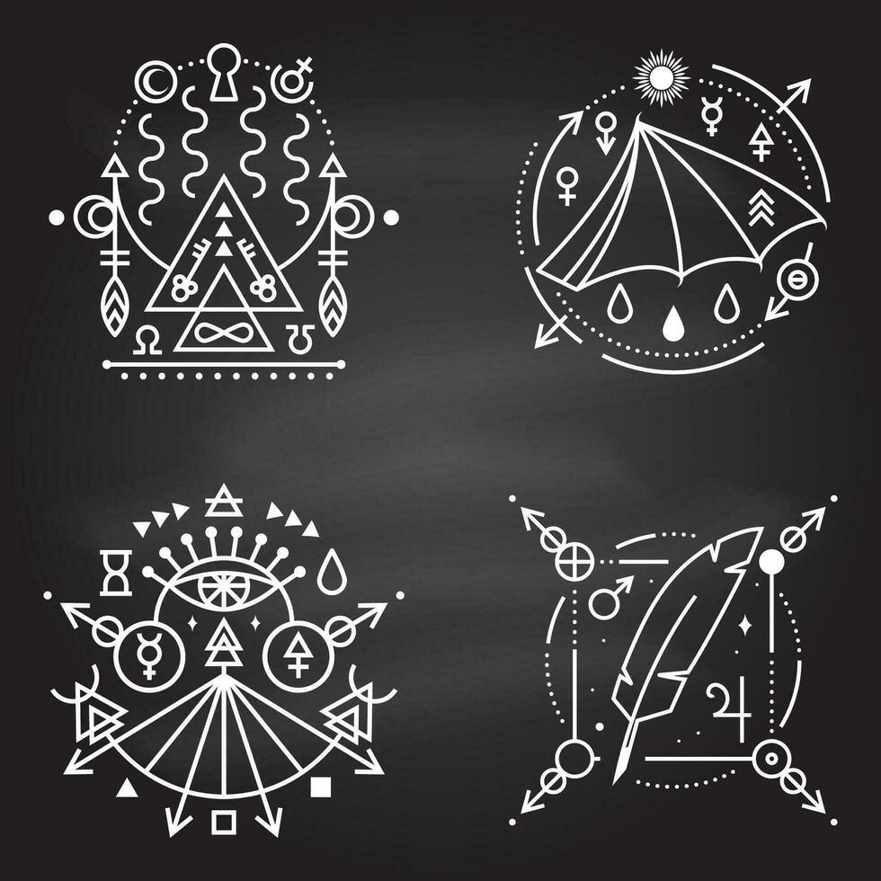 esotérico simbolos vector Delgado línea geométrico Insignia en pizarra contorno icono para alquimia, sagrado geometría. místico, magia diseño con murciélago ala, pluma, estrellas, planetas, portal a otro mundo