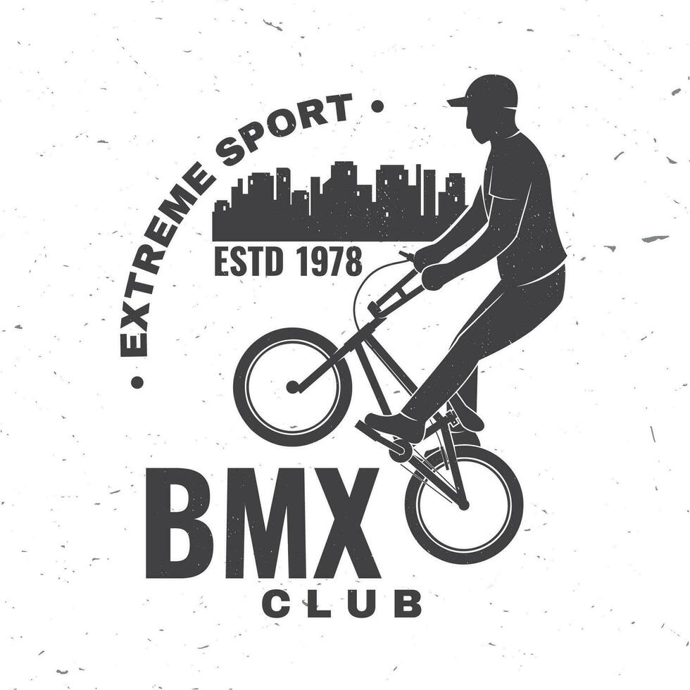 Bmx extreme sport club badge. Vector. Concept for shirt, logo, print, stamp, tee with man ride on a sport bicycle. Vintage typography design with bmx cyclist and night city silhouette. vector