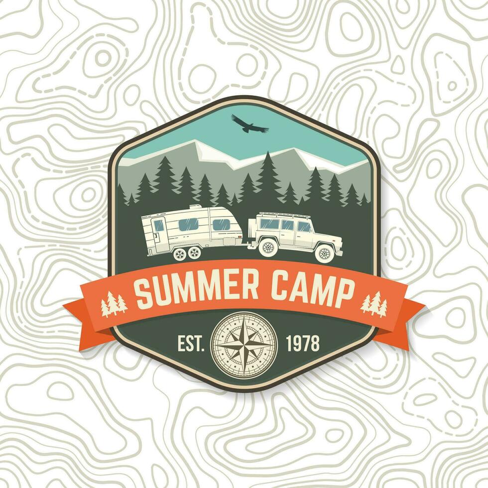 Summer camp. Vector. Concept for shirt or logo, print, stamp or tee. Vintage typography design with camper trailer, forest and mountain silhouette. vector