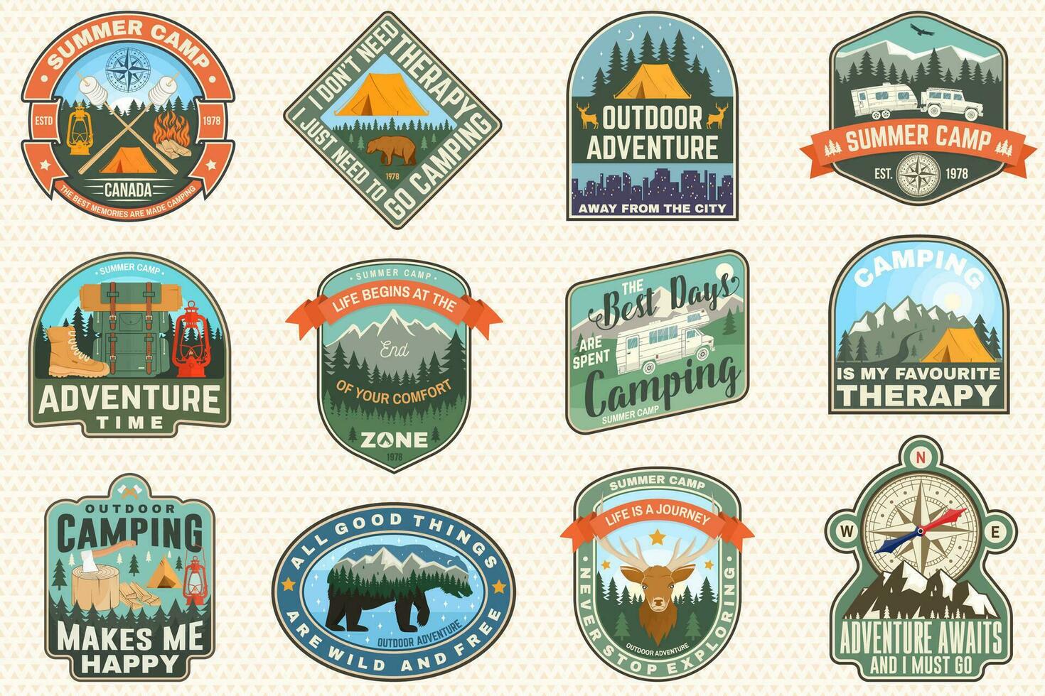 Outdoor adventure patch with quotes. Vector. Concept for shirt, logo, print, stamp or tee. Vintage typography design with hiking boots, elk, bear, tent, forest and mountain landscape silhouette vector
