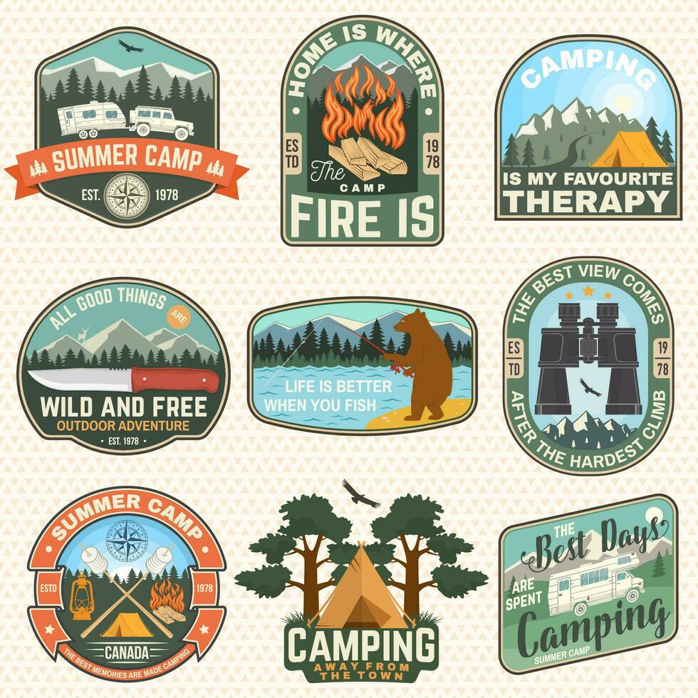 Set of outdoor adventure quotes patches. Vector illustration.Concept for shirt, print, stamp or tee. Vintage design with camper, binoculars, mountains, fishing bear, deer, tent and forest silhouette