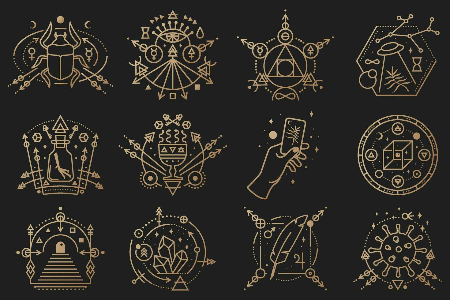 Esoteric symbols. Vector. Mystic, magic design with scarab beetle, coronavirus, cube, ufo flying, moon. vector