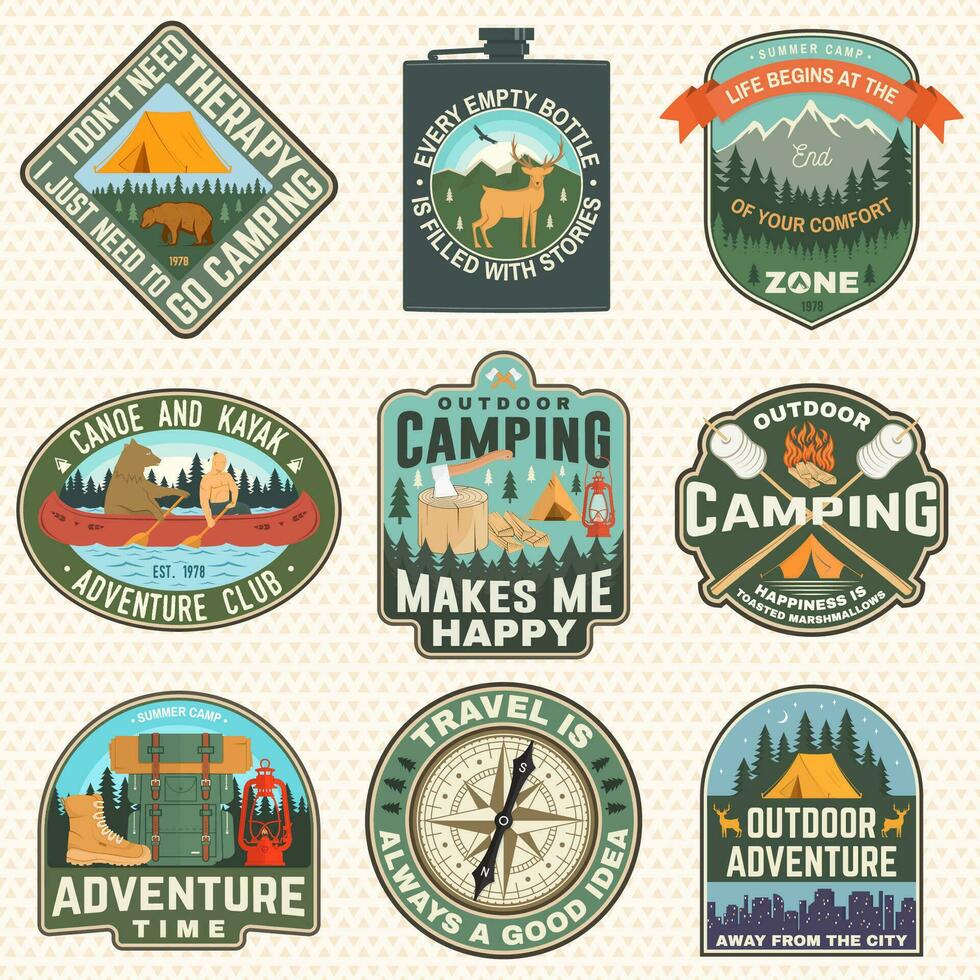 Outdoor adventure patch with quotes. Vector. Concept for shirt , logo, print, stamp or tee. Vintage typography design with backpack , elk, bear, tent, forest and mountain landscape silhouette vector