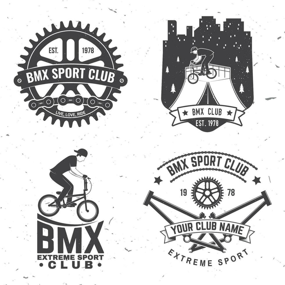 Set of bmx extreme sport club badge. Vector. Concept for shirt, print, stamp, tee with man ride on a sport bicycle. Vintage typography design with bmx cyclist and night city silhouette. vector
