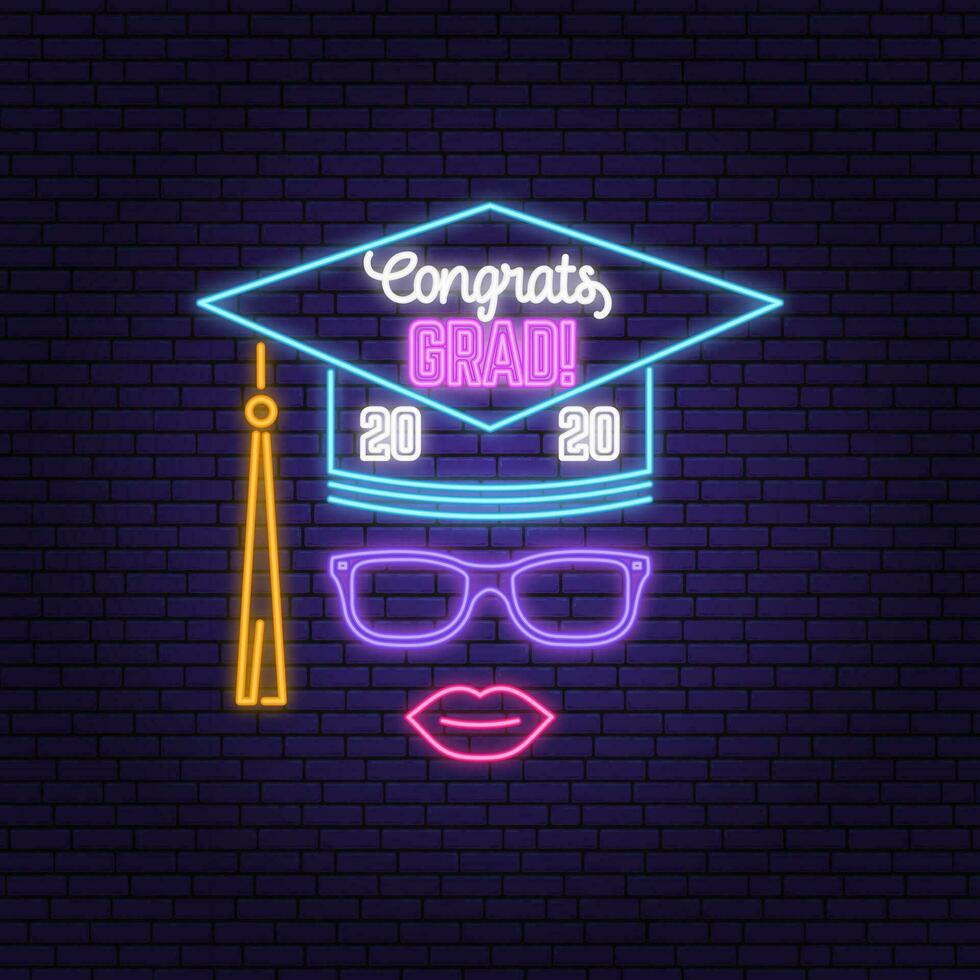 Vector Class of 2020 neon bright signboard, light banner. Vector. Neon typography design with graduation cap and lip. Template for the graduation party poster, flyer, lighting banner