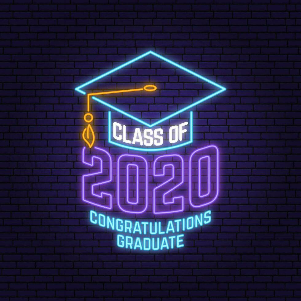 Class of 202 neon bright signboard, light banner. Vector. Neon typography design with graduation cap. Template for the graduation party poster, flyer, lighting banner vector