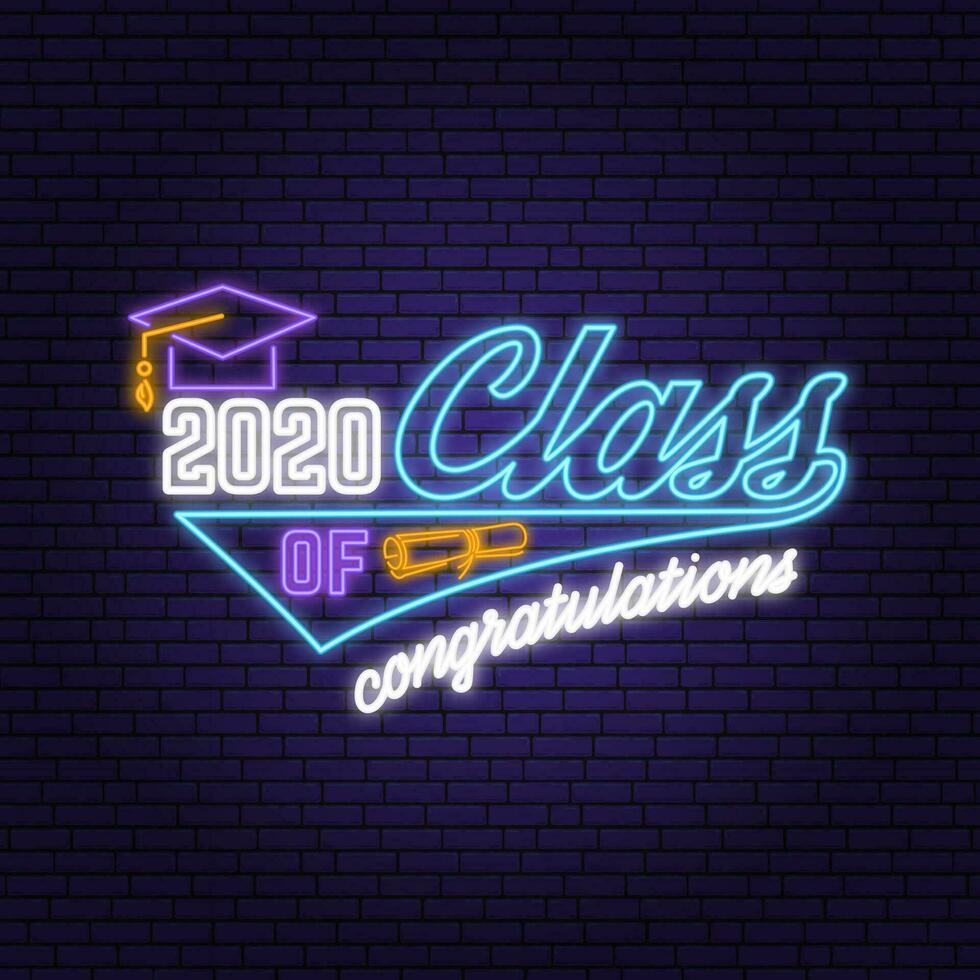 Class of 202 neon bright signboard, light banner. Vector. Neon typography design with graduation cap. Template for the graduation party poster, flyer, lighting banner vector