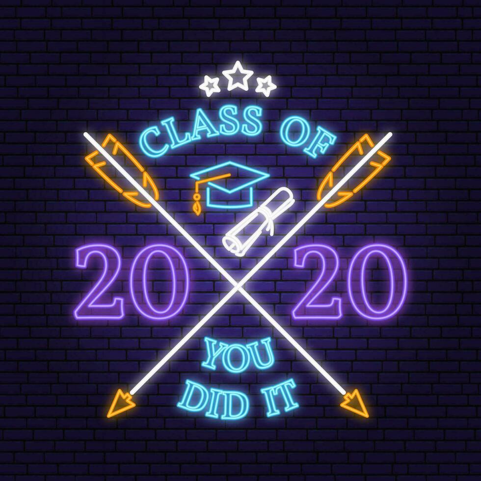 Vector Class of 2020 neon bright signboard, light banner. Vector. Neon typography design with graduation cap, text Class of. Template for the graduation party poster, flyer, lighting banner