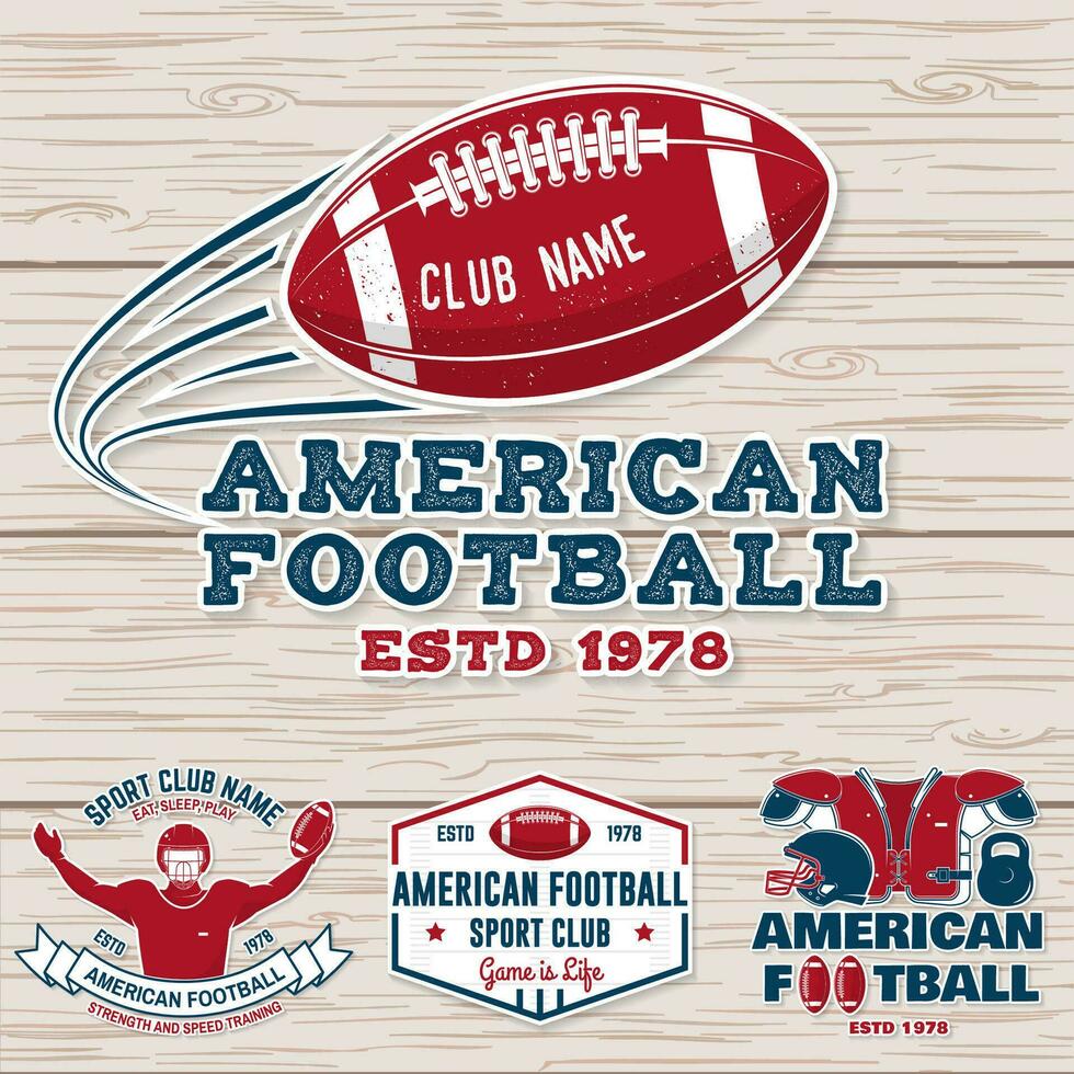 Set of american football or rugby club badge. Vector for shirt, logo, patch. Vintage design with american football sportsman player, helmet, ball, grass and shoulder pads silhouette