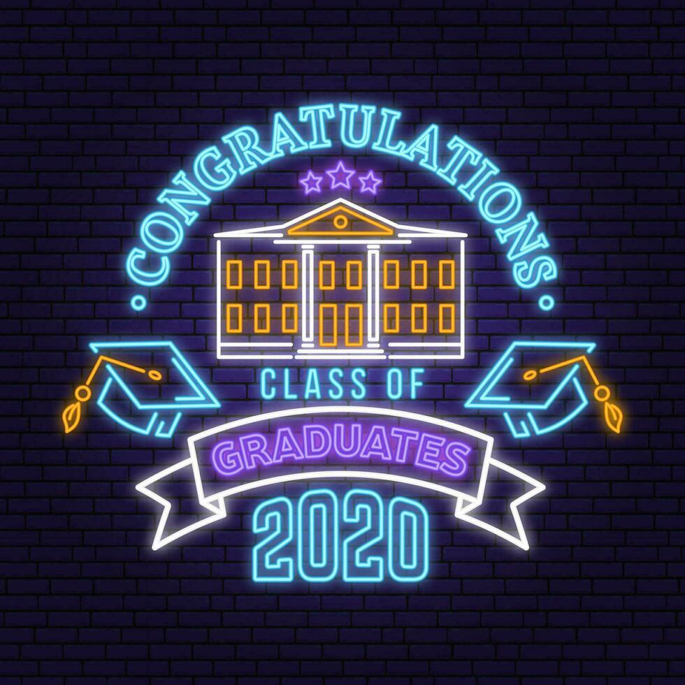 Class of 202 neon bright signboard, light banner. Vector. Neon typography design with graduation cap, diploma, school. Template for the graduation party poster, flyer, lighting banner vector