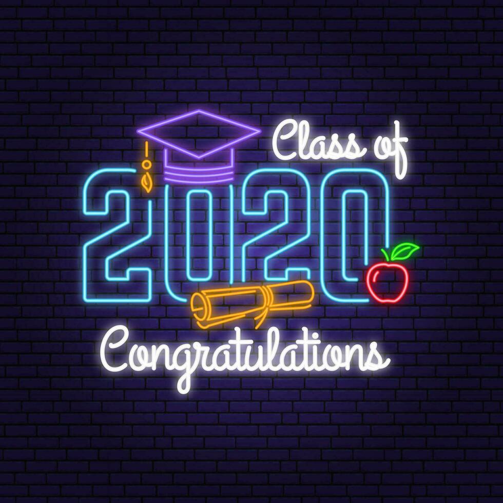 Class of 202 neon bright signboard, light banner. Vector. Neon typography design with graduation cap, diploma, apple. Template for the graduation party poster, flyer, lighting banner vector