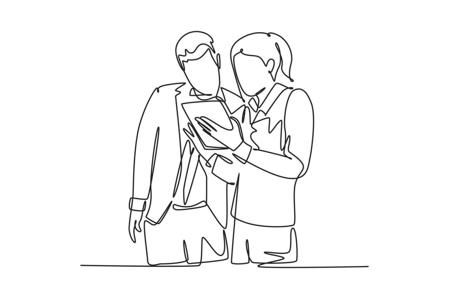 Single one line drawing of young male and female employee talking about company target while staring tablet screen. Business success discussion. Continuous line draw design graphic vector illustration