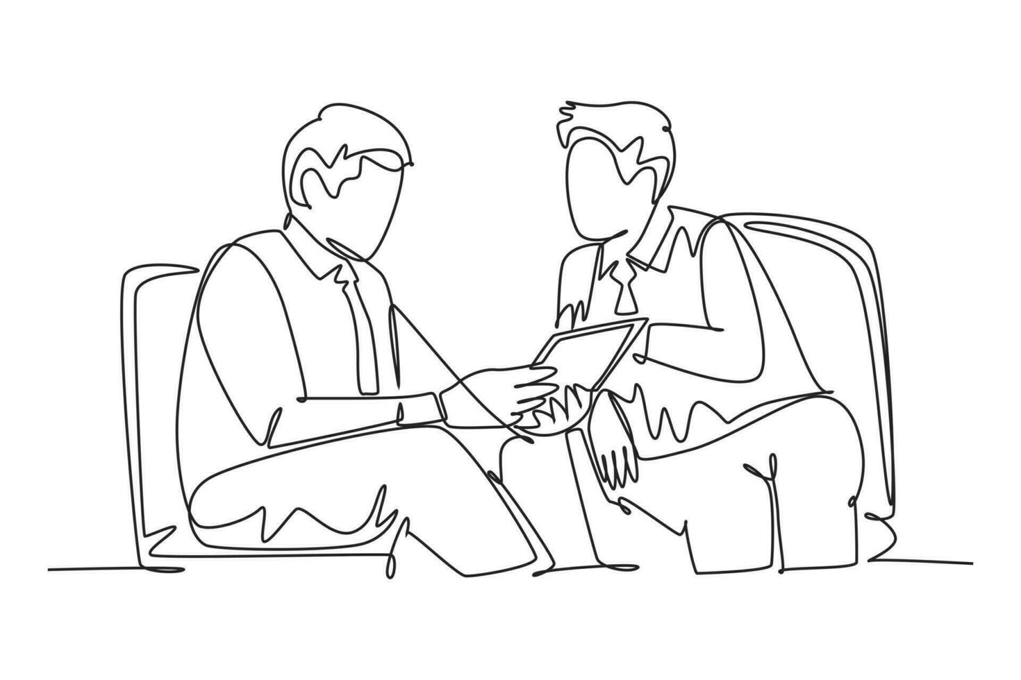 Single continuous line drawing of young happy business men discussing about new project deal with colleague during meeting. Business agreement concept. One line draw graphic design vector illustration