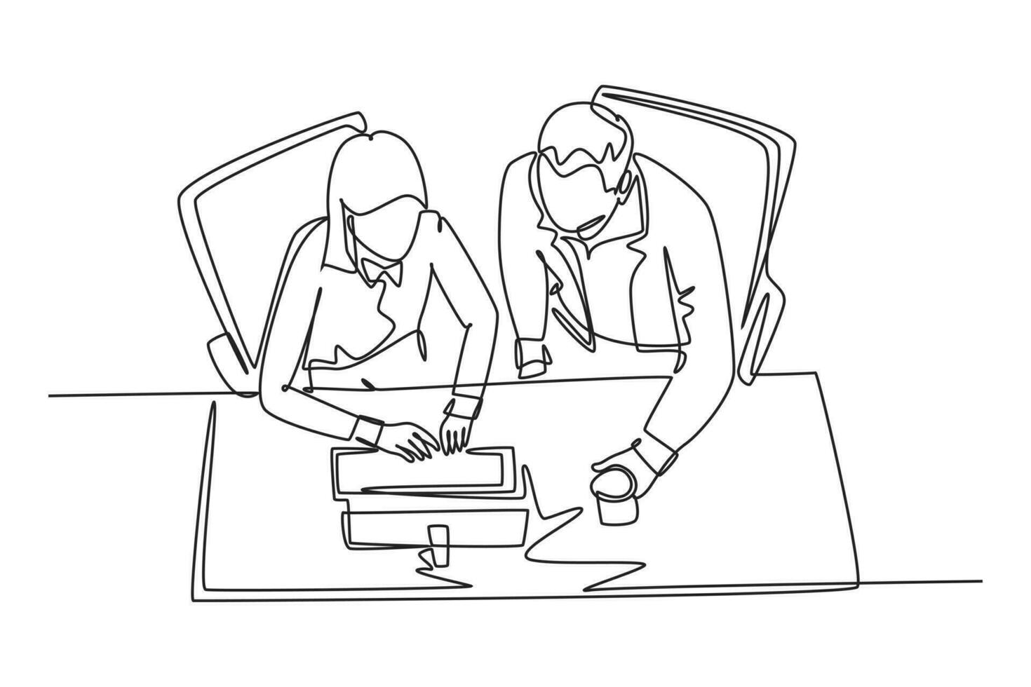 Single continuous line drawing of young businessman and businesswoman talking new product launch while watching presentation on screen. Business talk. One line draw graphic design vector illustration