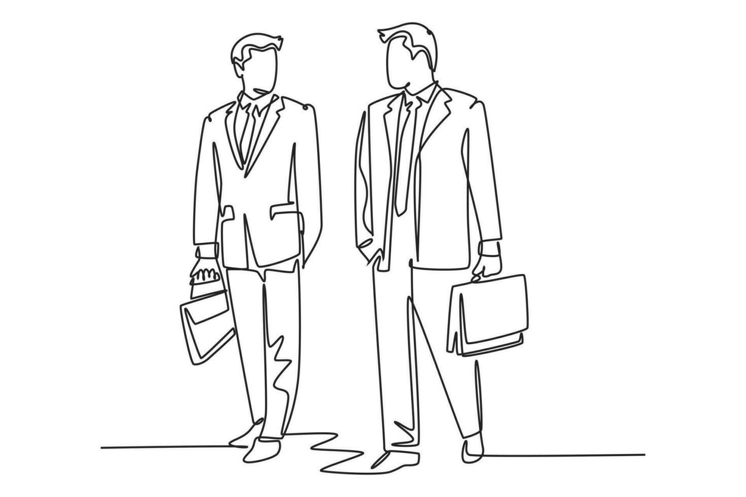 Continuous one line drawing two young success male company manager take a walk and talk together after office hour. Business conversation concept. Single line draw design vector graphic illustration