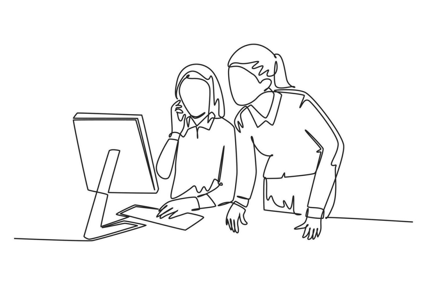 Continuous one line drawing of two young female workers learning work skill by watching video tutorial on screen together. Video conference concept. Single line draw design vector graphic illustration
