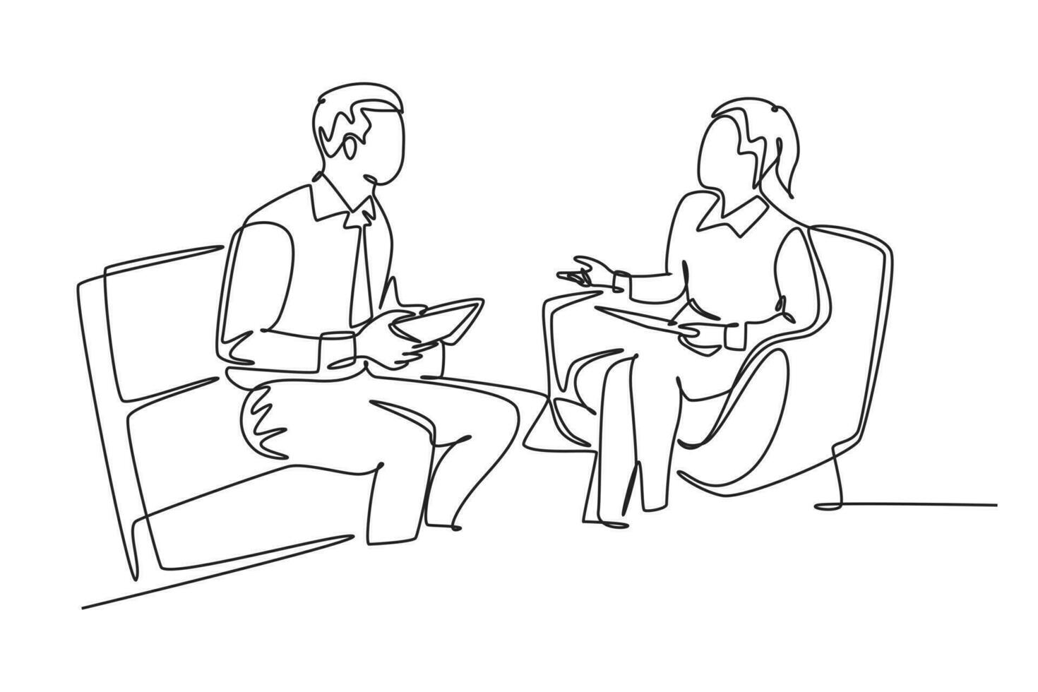 Single continuous line drawing young male and female worker chatting together while drink cup coffee during office break. Rest break at work concept. One line draw graphic design vector illustration