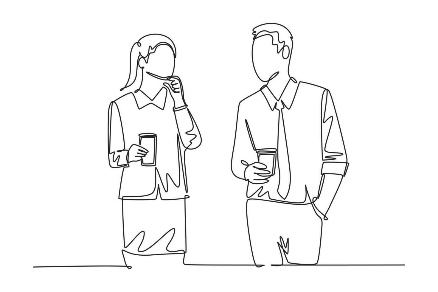 Single one line drawing two young male and female worker holding paper cup drink and chatting during office break. Rest break at work concept. Continuous line draw design graphic vector illustration