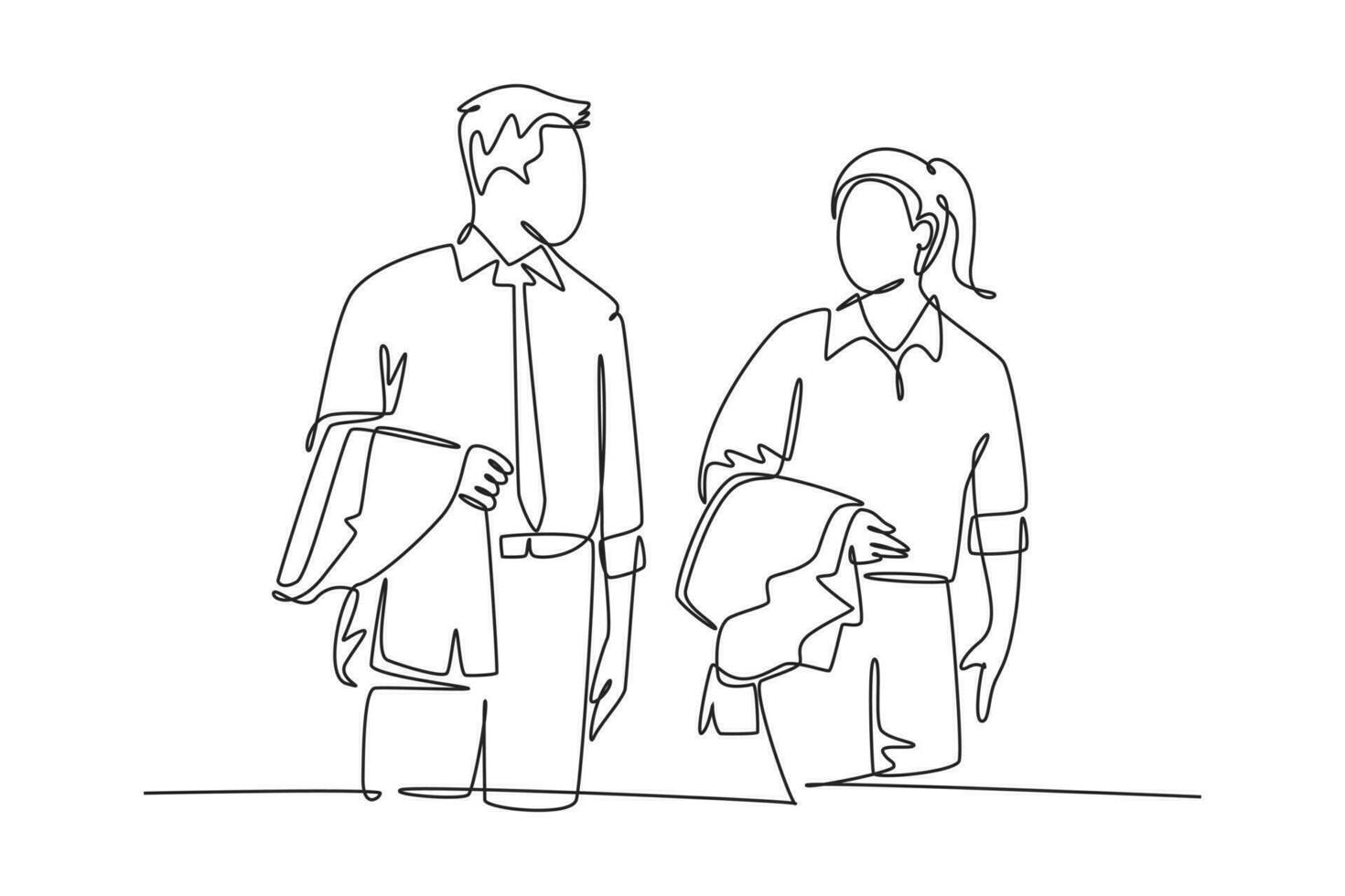 Single one line drawing two young happy male and female workers get conversation together after office hour. Work small talk success business. Continuous line draw design graphic vector illustration