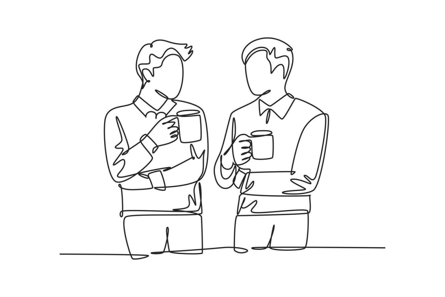 Single one line drawing two young successful male workers have a casual chat over drink coffee during office break. Rest break at work concept. Continuous line draw design graphic vector illustration