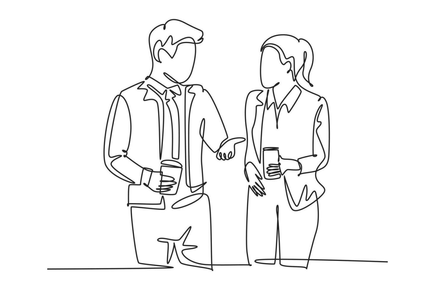 Single continuous line drawing of two young male and female startup founders have a business talk over soft drink. Business chat during office break. One line draw graphic design vector illustration