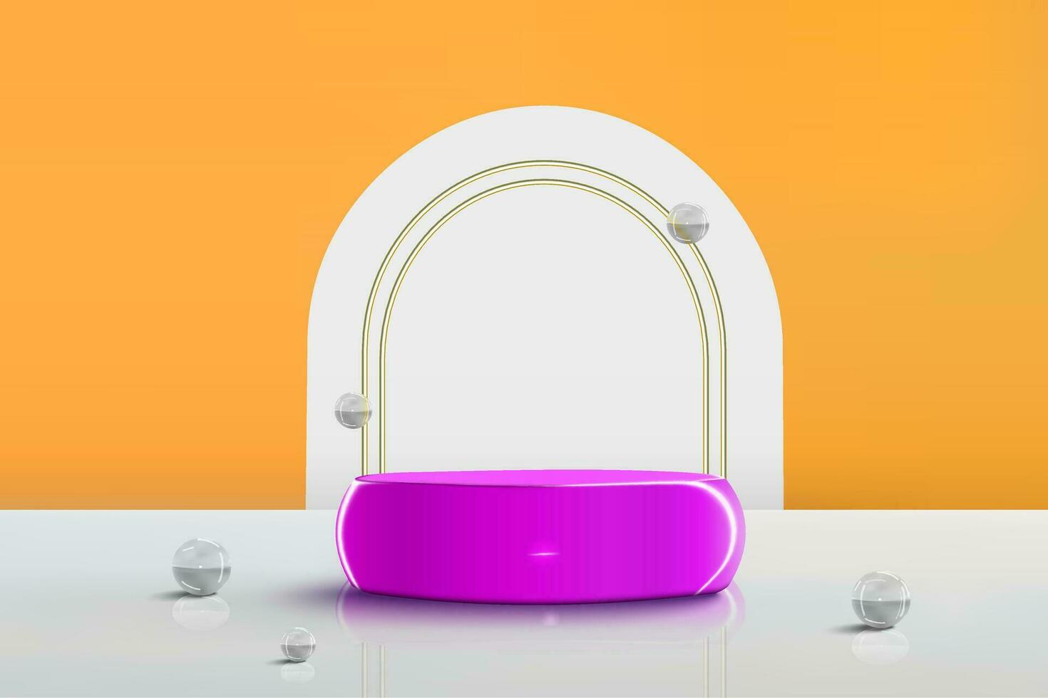 Podium stand scene for product placement with glass balls and golden arch vector