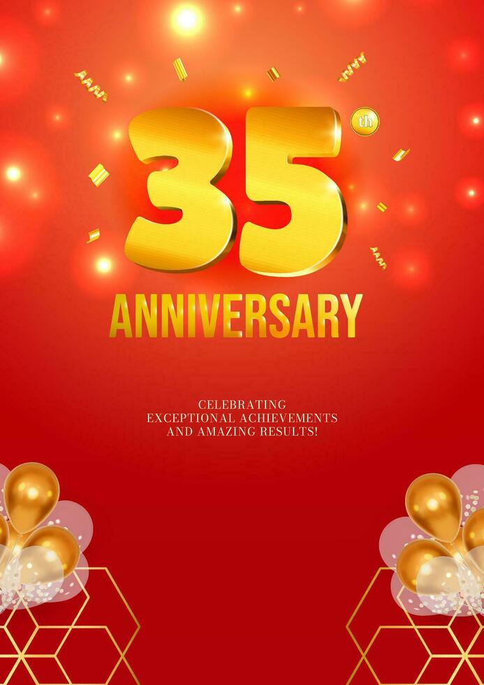 Anniversary celebration flyer red background golden numbers 35 vector