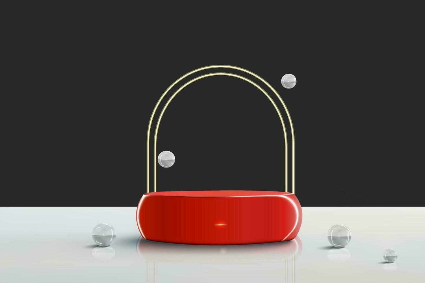 Podium stand scene for product placement with glass balls and golden arch vector