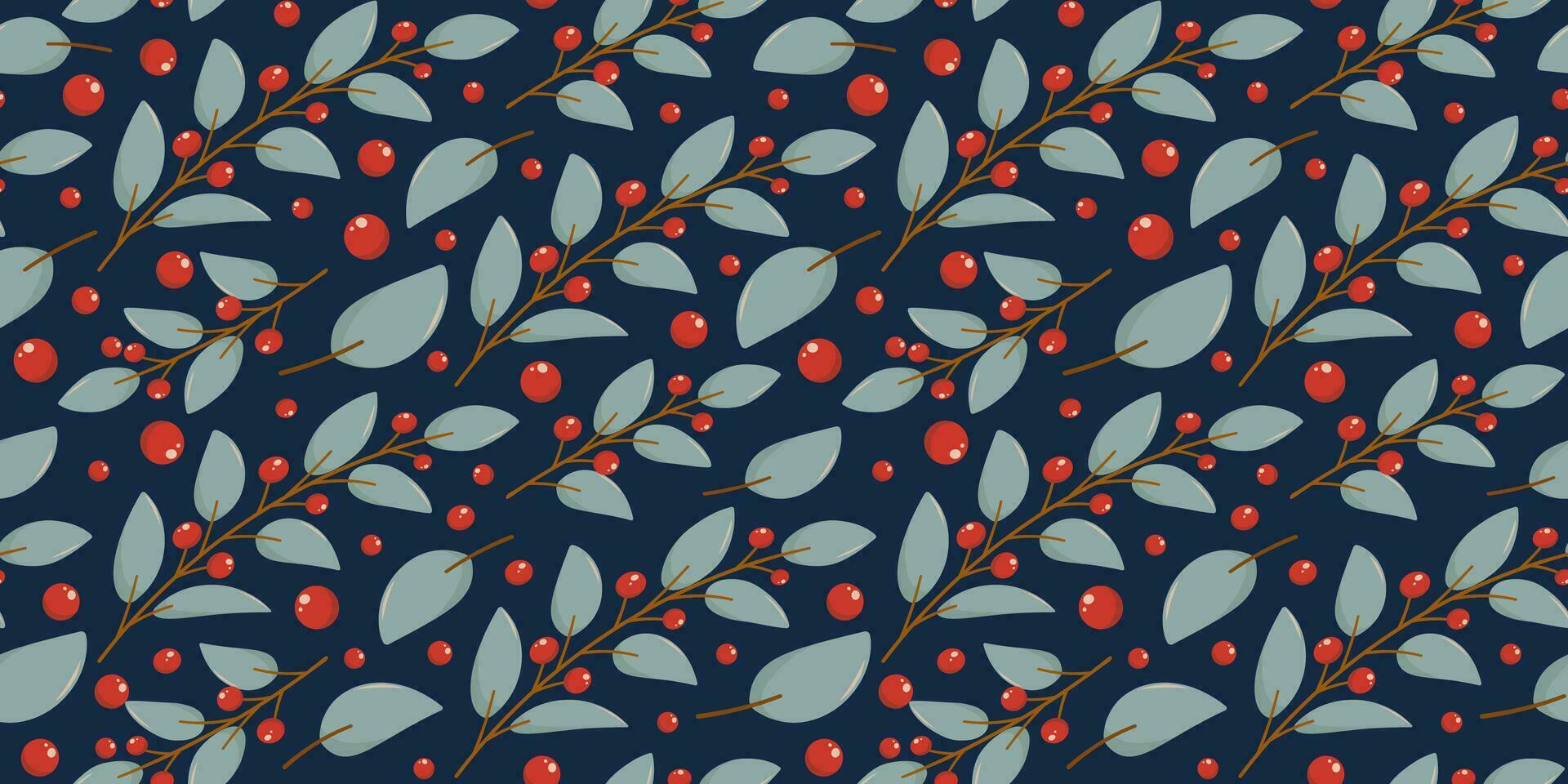 Winter rectangular seamless pattern on blue background with hand drawn christmas berries and leaves in flat vector style. Holiday seasonal floral decoration. For textile, background, wrapper