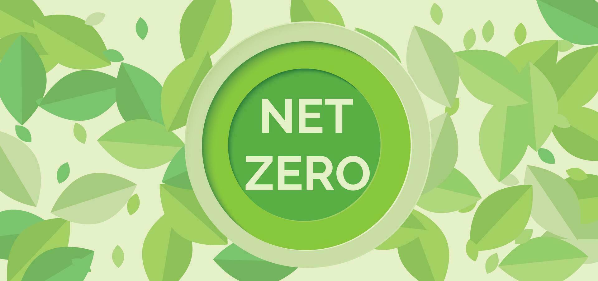 Net zero and carbon neutral concept. Banner with green leaves and a circle in the center. Net zero greenhouse gas emissions target. Vector illustration.