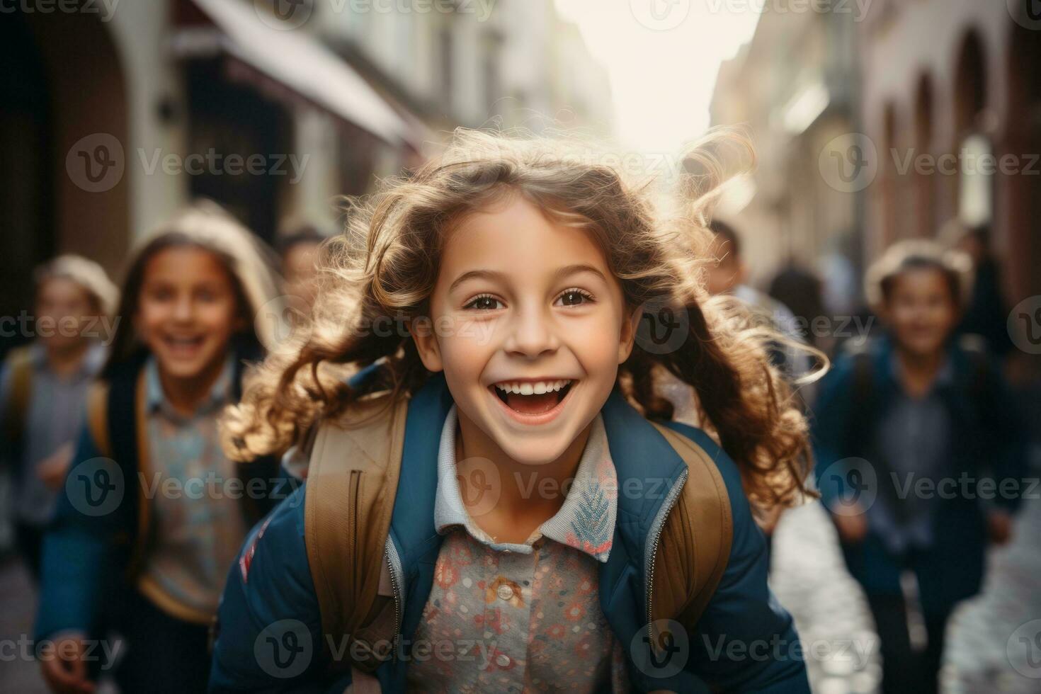AI generated Children Running To School photo