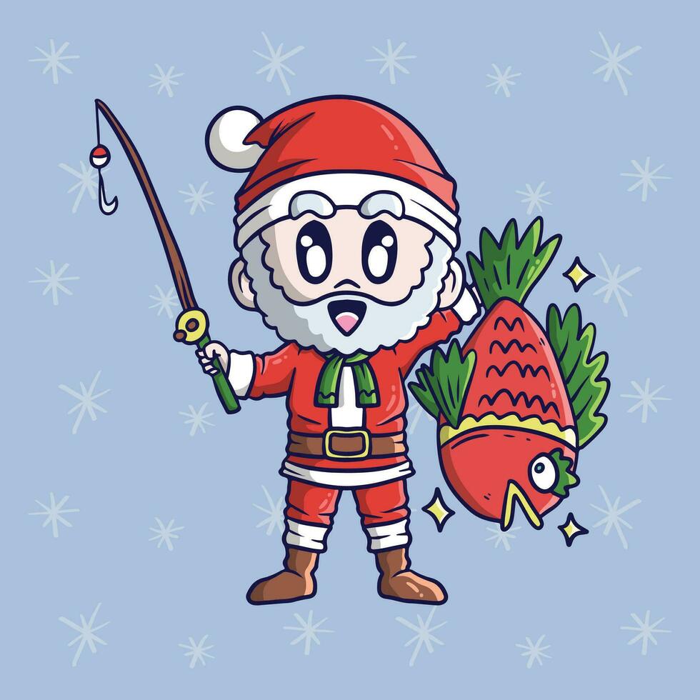 dibujos animados vector ilustración de linda Papa Noel claus pescar y tiene grande pez. Papa Noel claus mascota ilustración