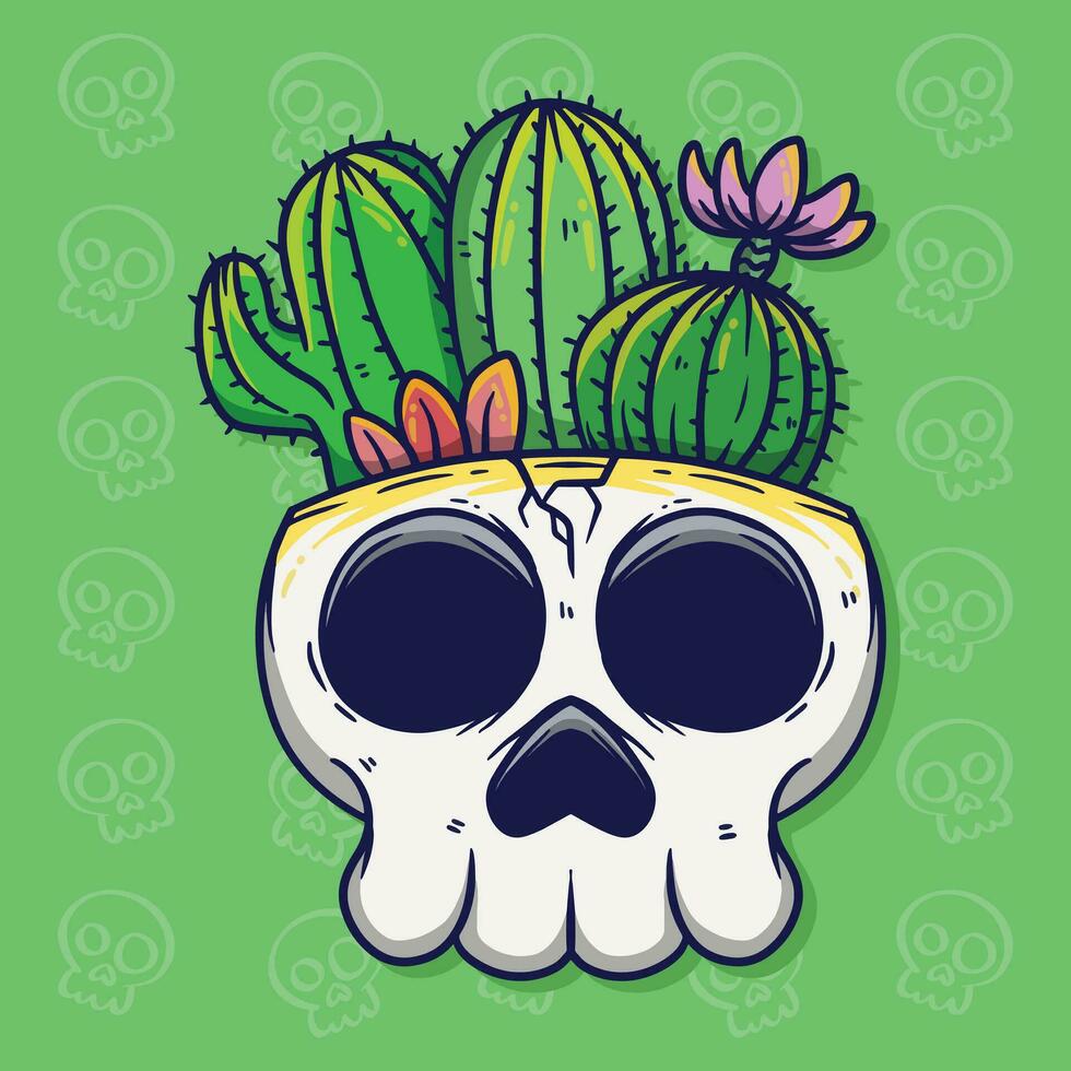 Skull Head Cactus Planter Cartoon vector illustration. Skull Vector illustration