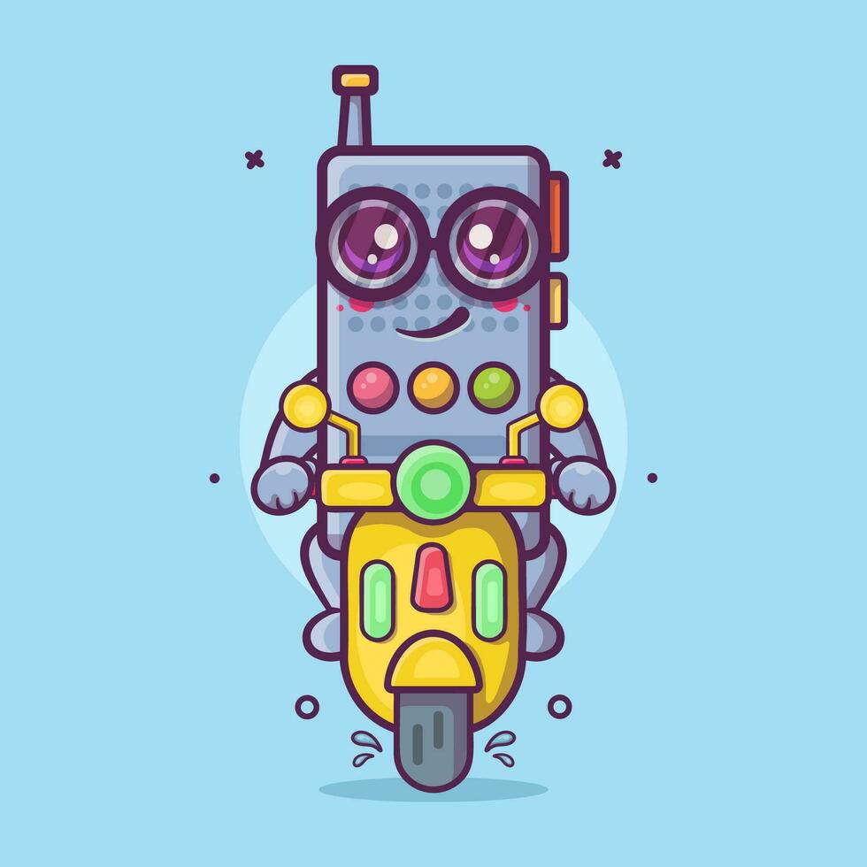 frio walkie película sonora personaje mascota montando scooter motocicleta aislado dibujos animados en plano estilo diseño vector