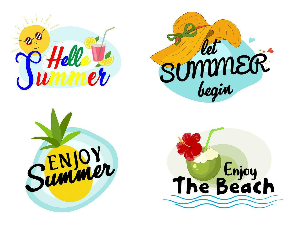 verano etiquetas, pegatinas, iconos, logo colocar. linda fiesta insignias.tropical fiesta elementos en plano estilo. enfriar, relajarse, amor. vector