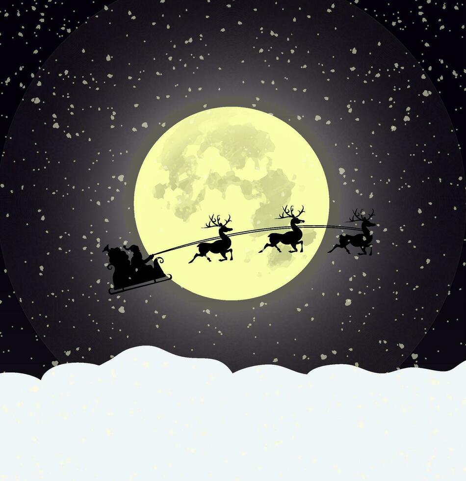 Dynamic silhouette santa reindeer sleigh scene under moonlight in the winter night. Christmas design for banner, poster and card. vector