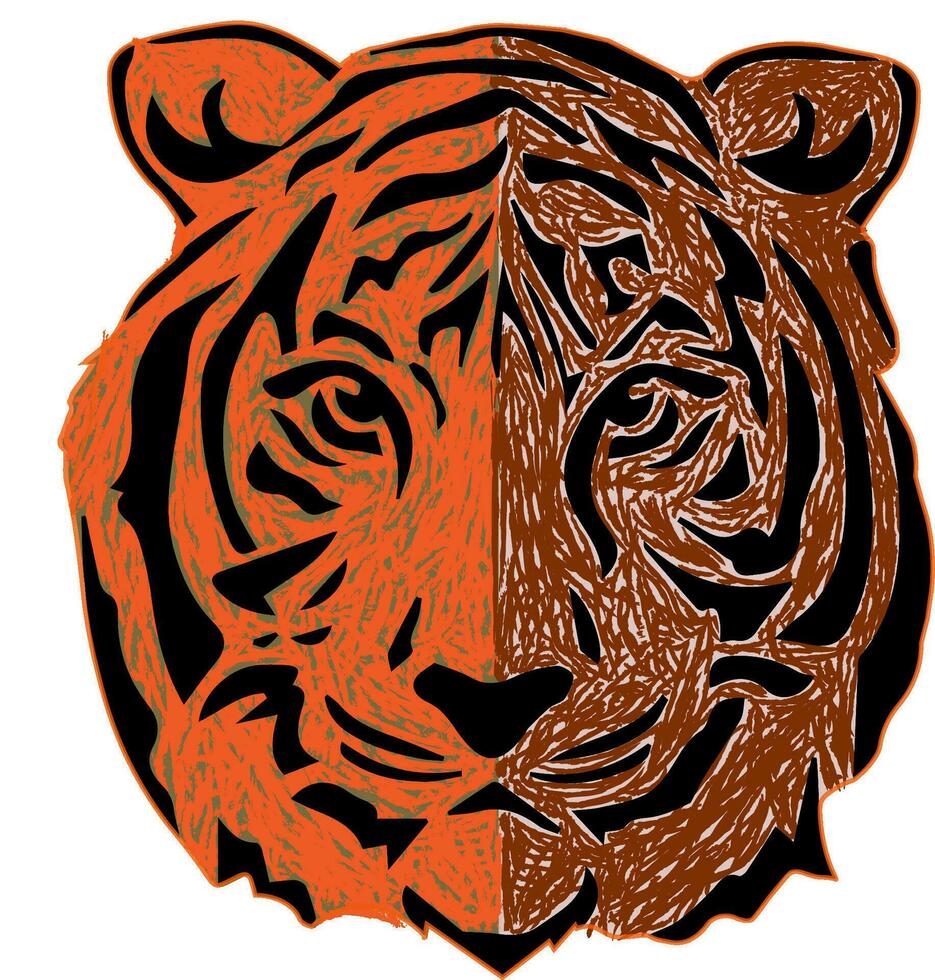 bosquejo Tigre en Cepillo de pintura naranja y marrón grunge dibujado a mano diseño. aislado en blanco antecedentes. vector