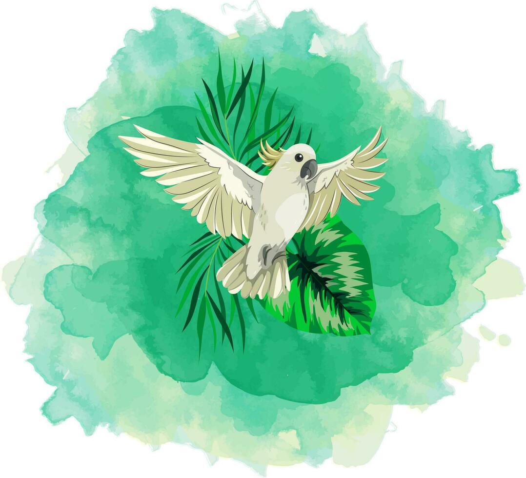especies blanco loro pájaro en verde hojas. acuarela grunge dibujado a mano diseño con resumen verde antecedentes. vector