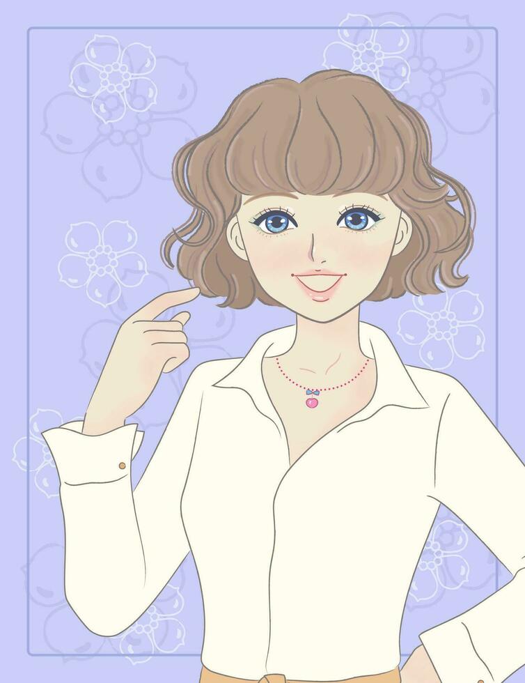 girl with short curly hair pointing to head vector