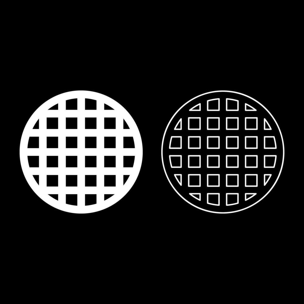 Grating grate lattice trellis net mesh BBQ grill grilling surface round shape set icon white color vector illustration image solid fill outline contour line thin flat style