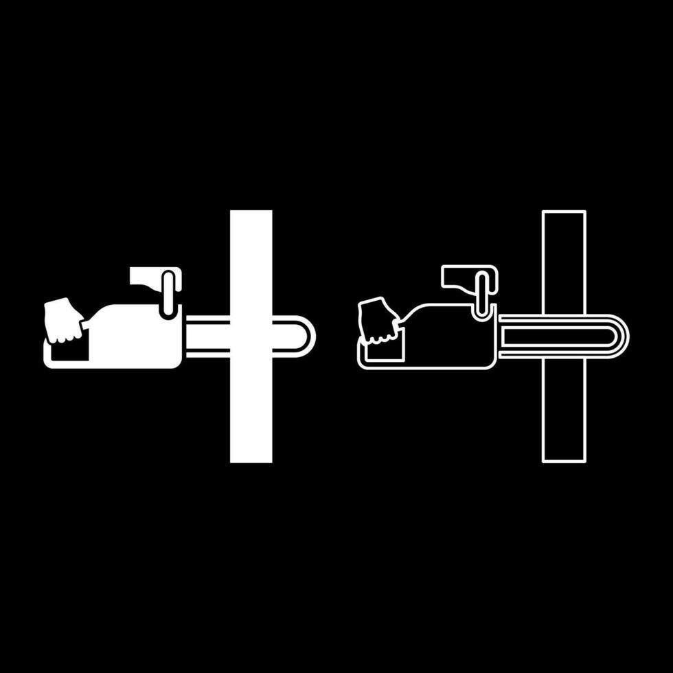 Chainsaw sawing board woodchopper concept lumberjack arborist cutting deforestation prunes sprinking set icon white color vector illustration image solid fill outline contour line thin flat style