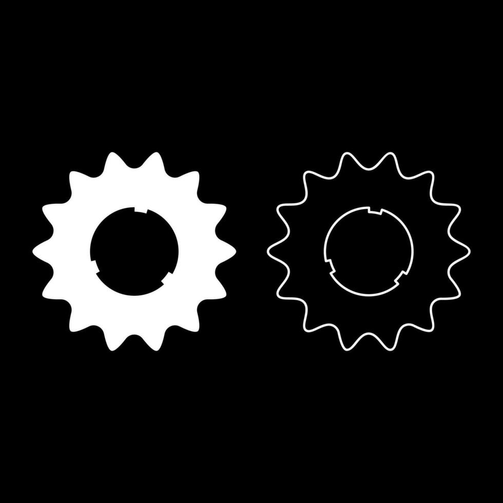 Cogset sprocket bicycle star gear service sprocket cogs wheel with teeth engages with chain set icon white color vector illustration image solid fill outline contour line thin flat style