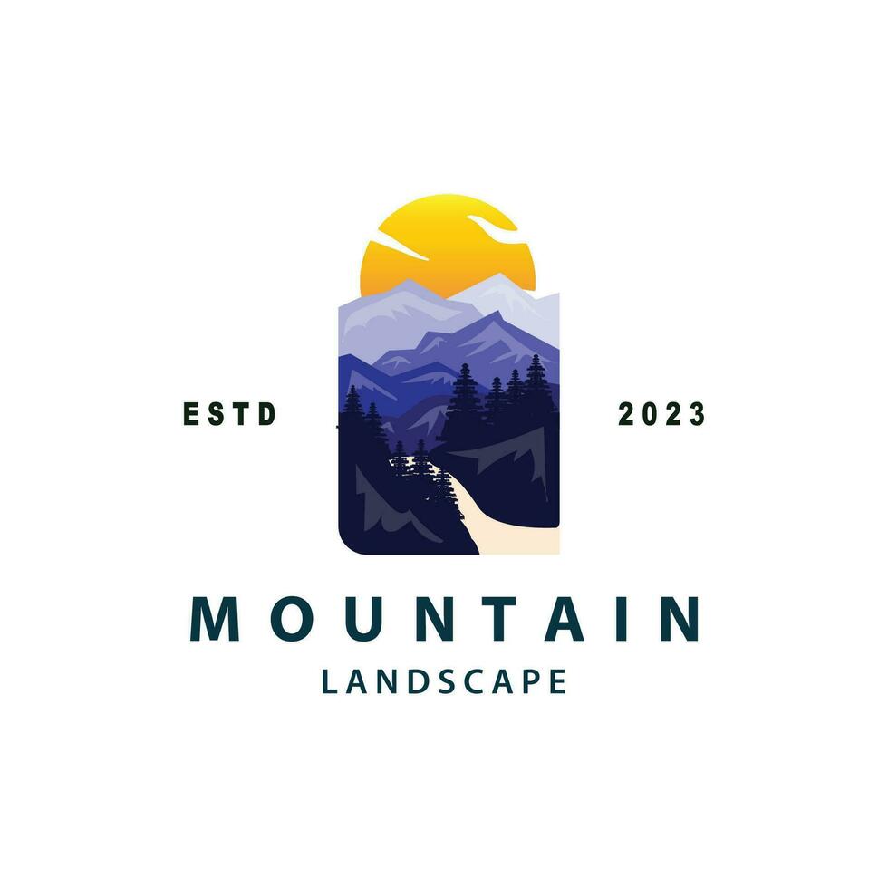 paisaje logo naturaleza aventuras diseño montaña y río lujo vector ilustración