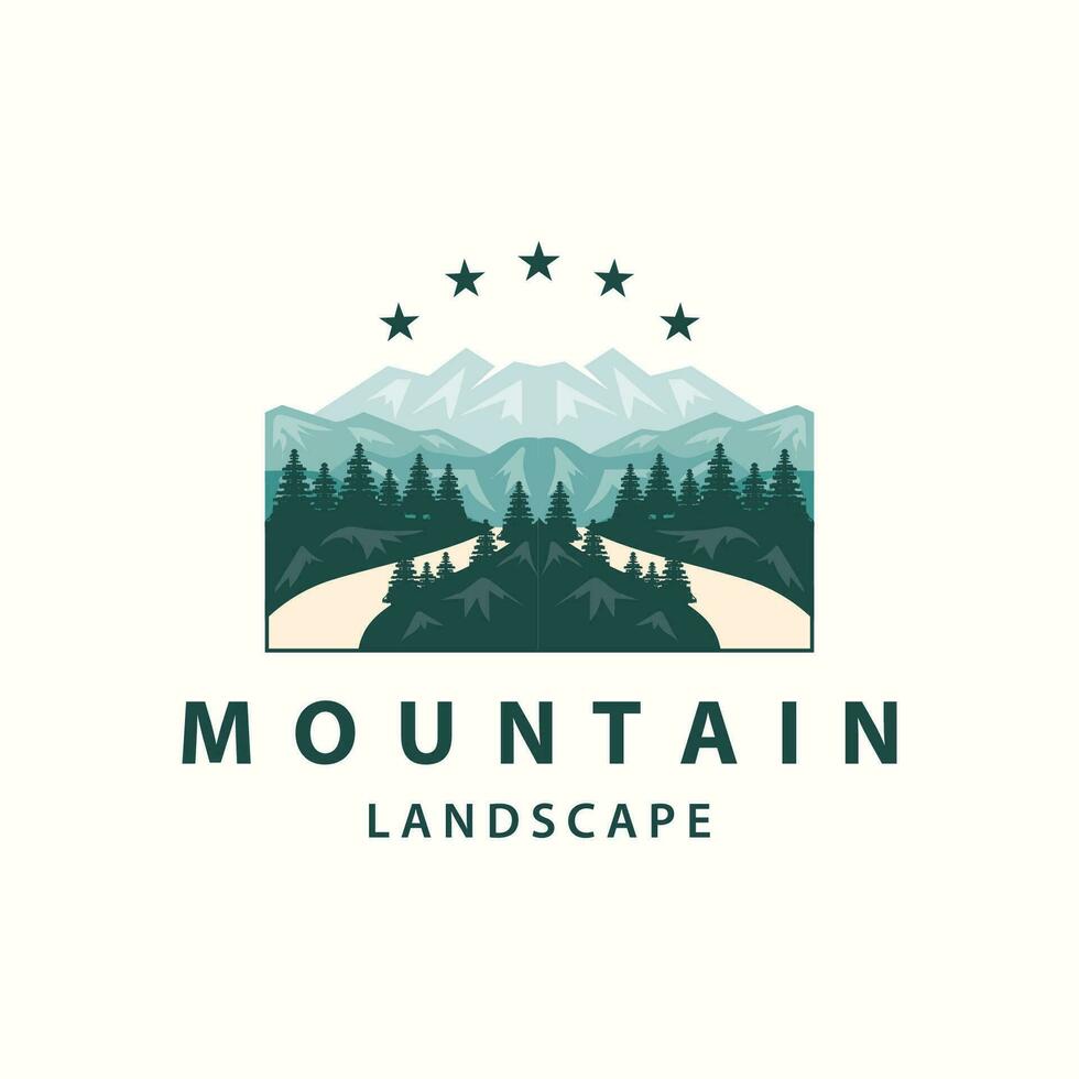 paisaje logo naturaleza aventuras diseño montaña y río lujo vector ilustración