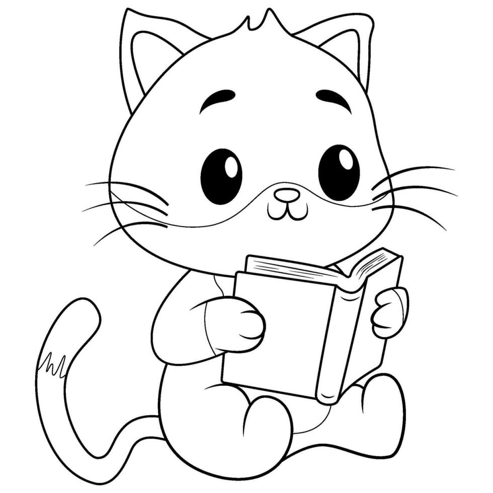 Cat cartoon reading a book line art vector