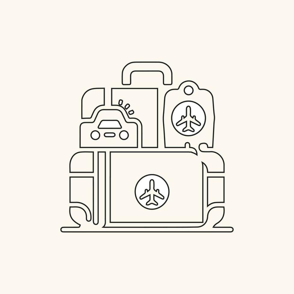 Isolated on white, a linear-style pictogram includes baggage, a luggage line icon, and an outline vector sign. Illustration of a symbol or emblem