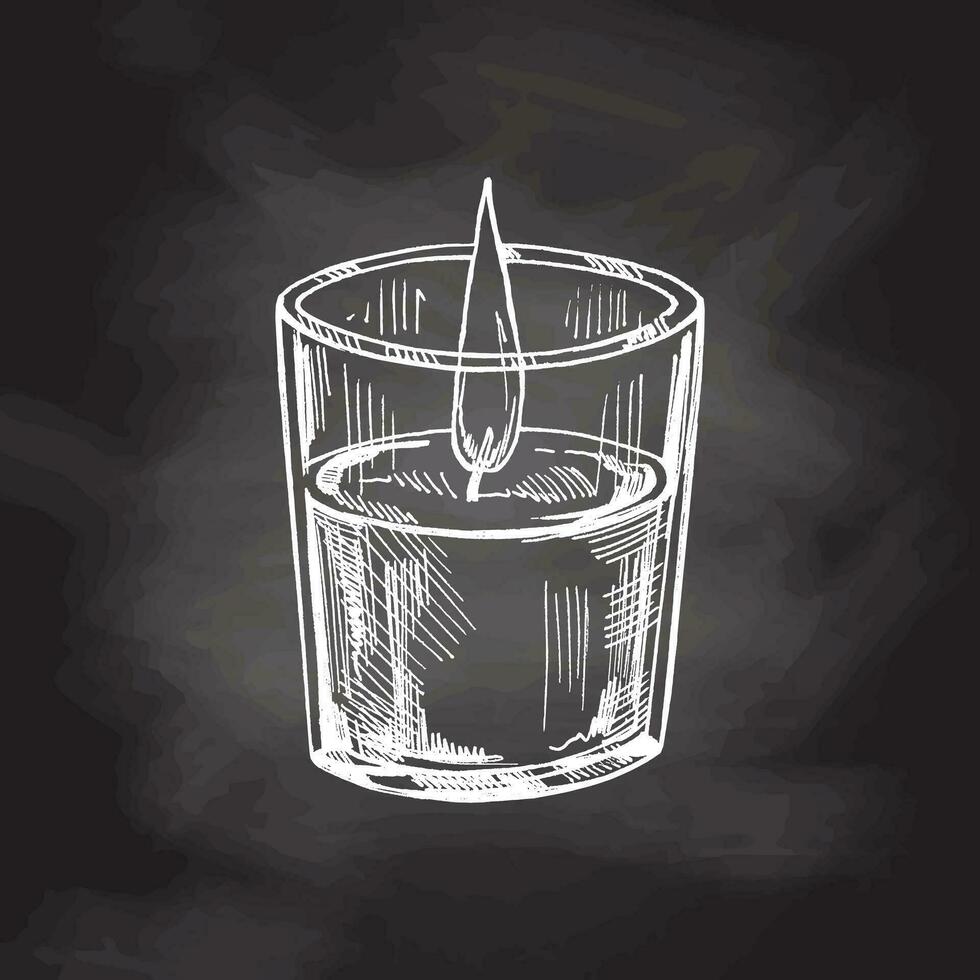 Hand-drawn sketch of wax candle in a glass jar-candlestick, close up of decoration on chalkboard. Vector vintage drawing. Traditional cozy seasonal holiday. Object for christmas card, packaging.